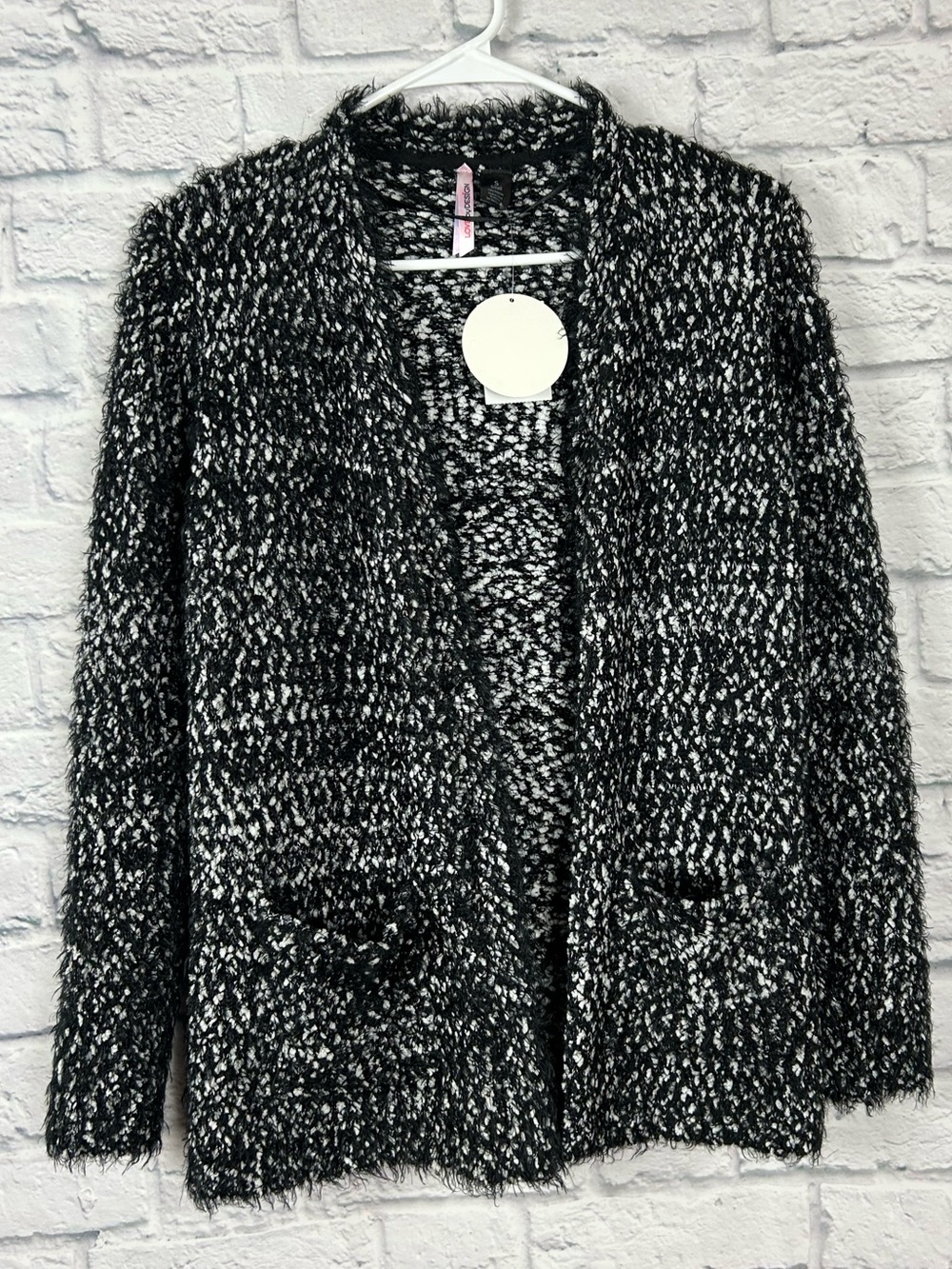 Love By Design Cardigan Small NWT Black White Eyelash Knit Open Front Pockets